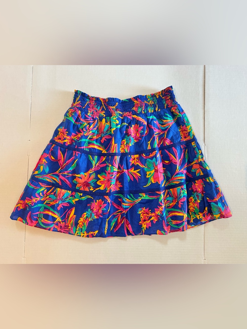 JCREW Tropical Floral Blue Skirt Tiered Lined Cotton Vacation Resort Size Medium - Picture 3 of 12